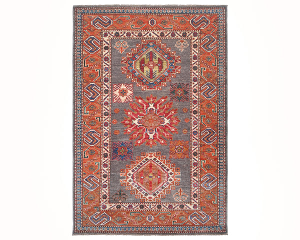 3x5 Gray Rust Kazak Afghan Hand Knotted Traditional Wool Area Rug